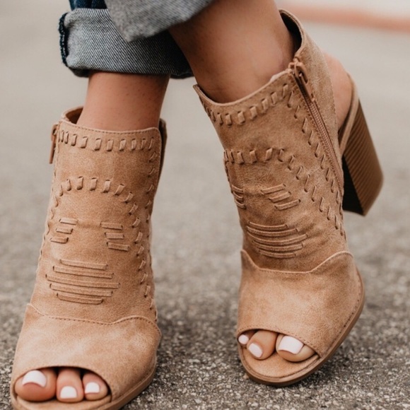 TAN DISTRESS PEEP-TOES BOOTIES - Picture 2 of 8
